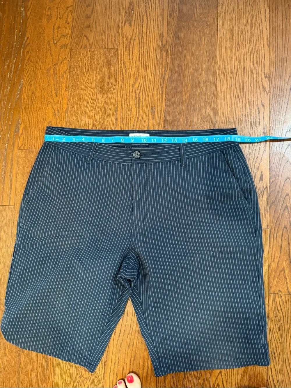 Koton navy blue pinstriped men's shorts flat front chinos natural fiber Size XL